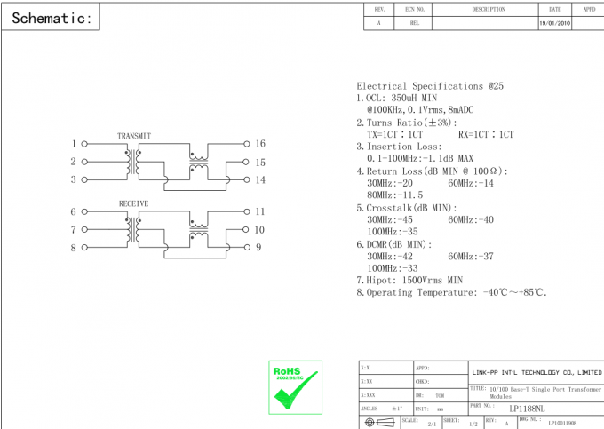 H1601CG Lan từ tính LP1102NL 10 / 100Base-T Ethernet SMT biến áp