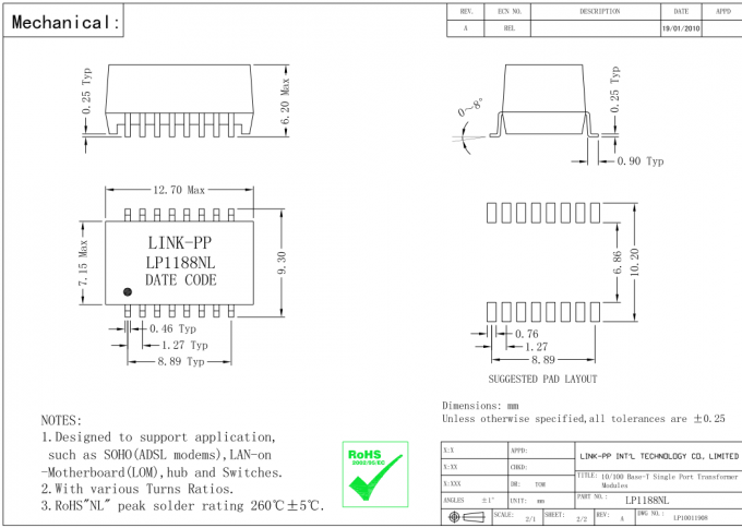 LFE8505 Ethernet Magnetics LP1102NL 10/100 Base-T Ethernet SMT biến tần