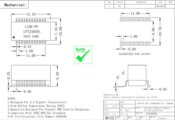 QT24A154P 2.5G Base-T PoE + Mô-đun từ tính Lan LP72485NL