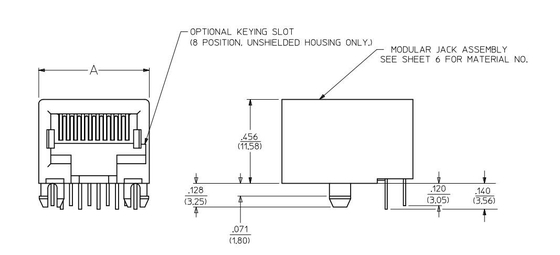 432026101 6p6c 1X1 Cổng PCB Mô-đun Jack góc phải Tab góc xuống KHÔNG có đèn LED